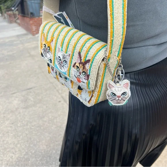 TJMAXX MARSHALLS VIRAL Cat Theme Striped Charm Beaded Shoulder Bag Purse Collect - Picture 7 of 16